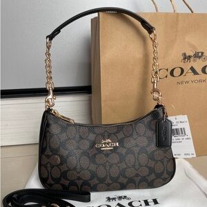 Coach Brown & Black Signature Canvas Shoulder Bag with Gold Hardware CA933